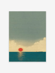 Japanese Wall Art print of a minimalist red sun setting over a calm blue ocean, with subtle clouds and a distant boat.