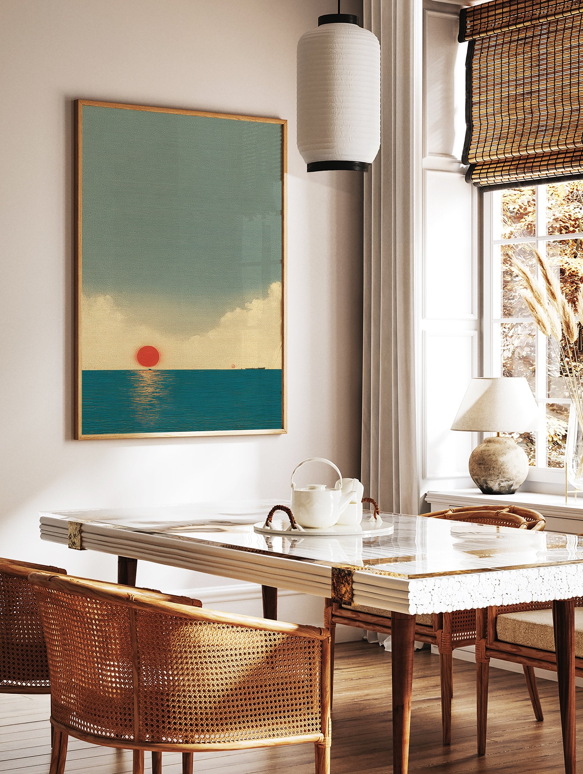 Japanese Wall Art print of a minimalist red sun setting over a calm blue ocean, with subtle clouds and a distant boat. - Image 2