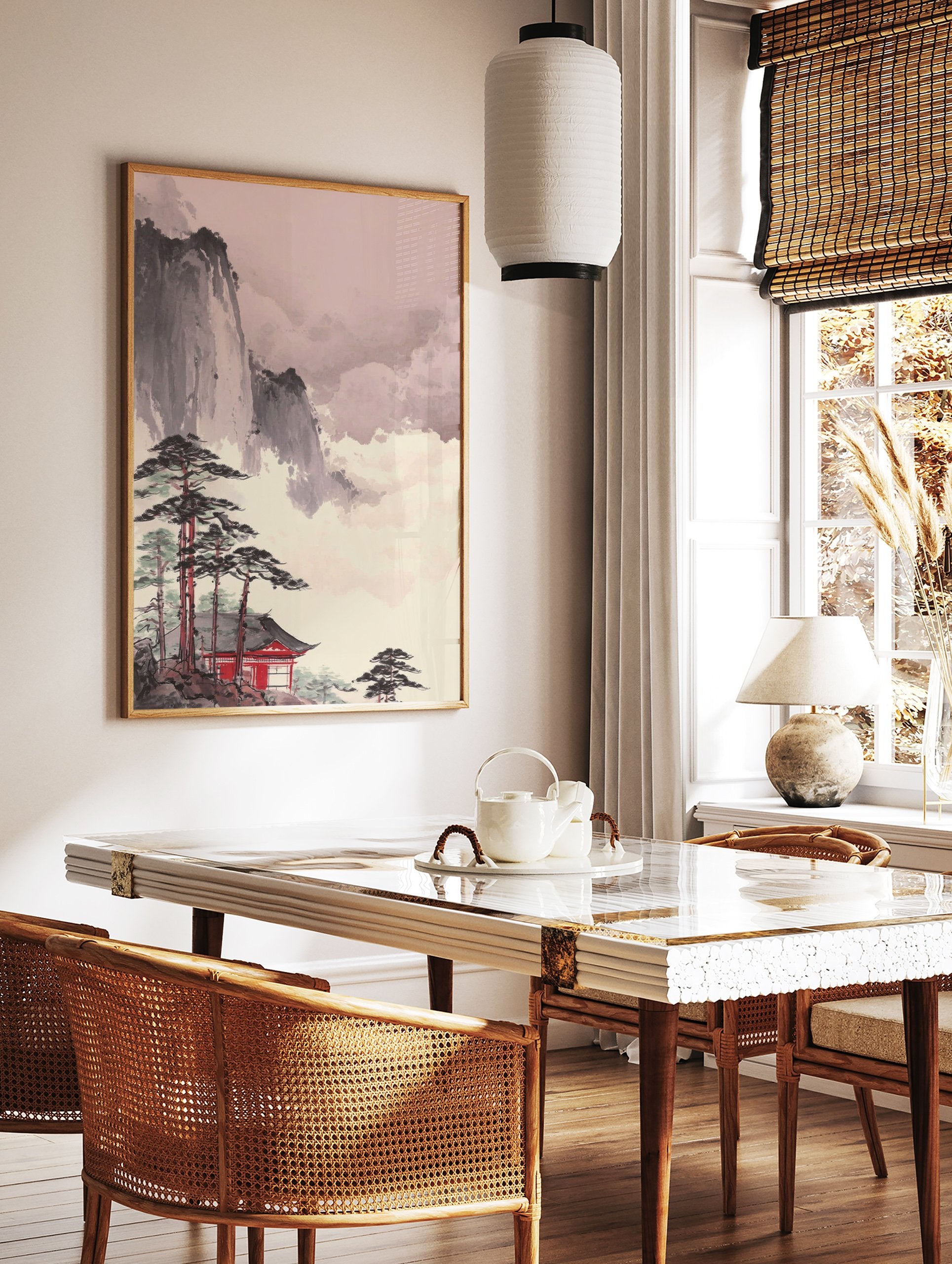 Japanese sumi-e style wall art print of a red temple, pine trees, and misty mountains on a pale background. - Image 2