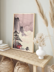 Japanese sumi-e style wall art print of a red temple, pine trees, and misty mountains on a pale background. - Image 3