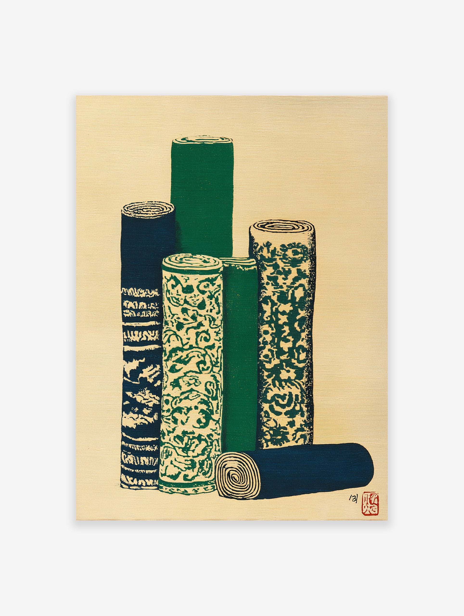 Japanese wall art print depicting several rolled textiles or scrolls with green, blue, and cream patterns on a textured background.