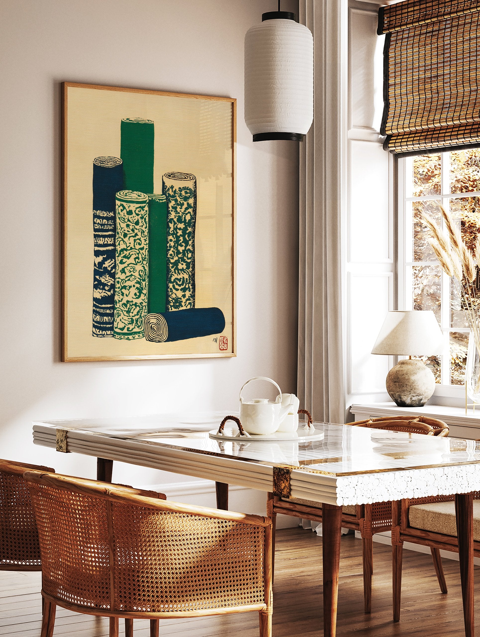 Japanese wall art print depicting several rolled textiles or scrolls with green, blue, and cream patterns on a textured background. - Image 2
