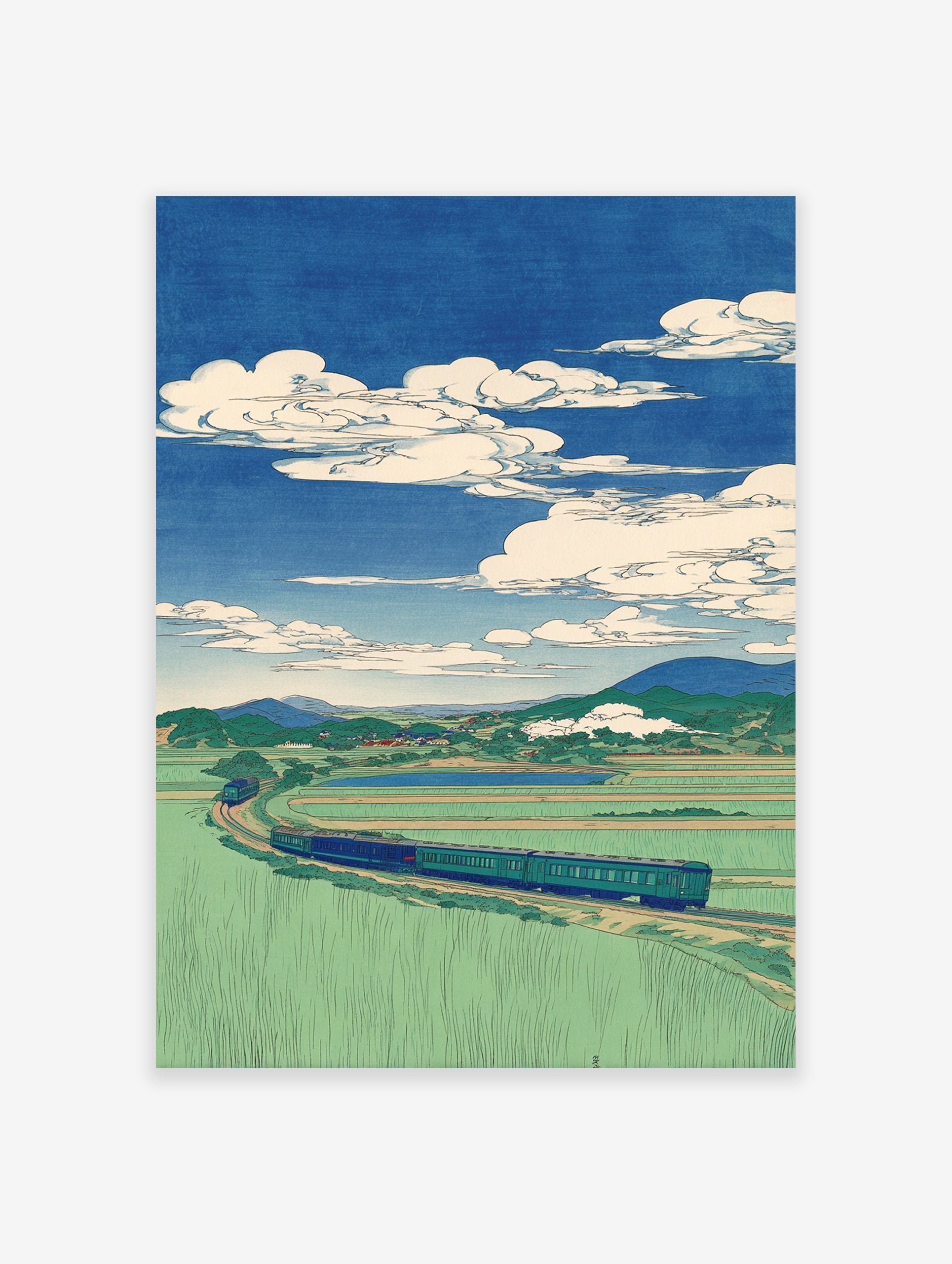Japanese landscape wall art print with a train winding through green rice fields, mountains, and a blue sky with white clouds.
