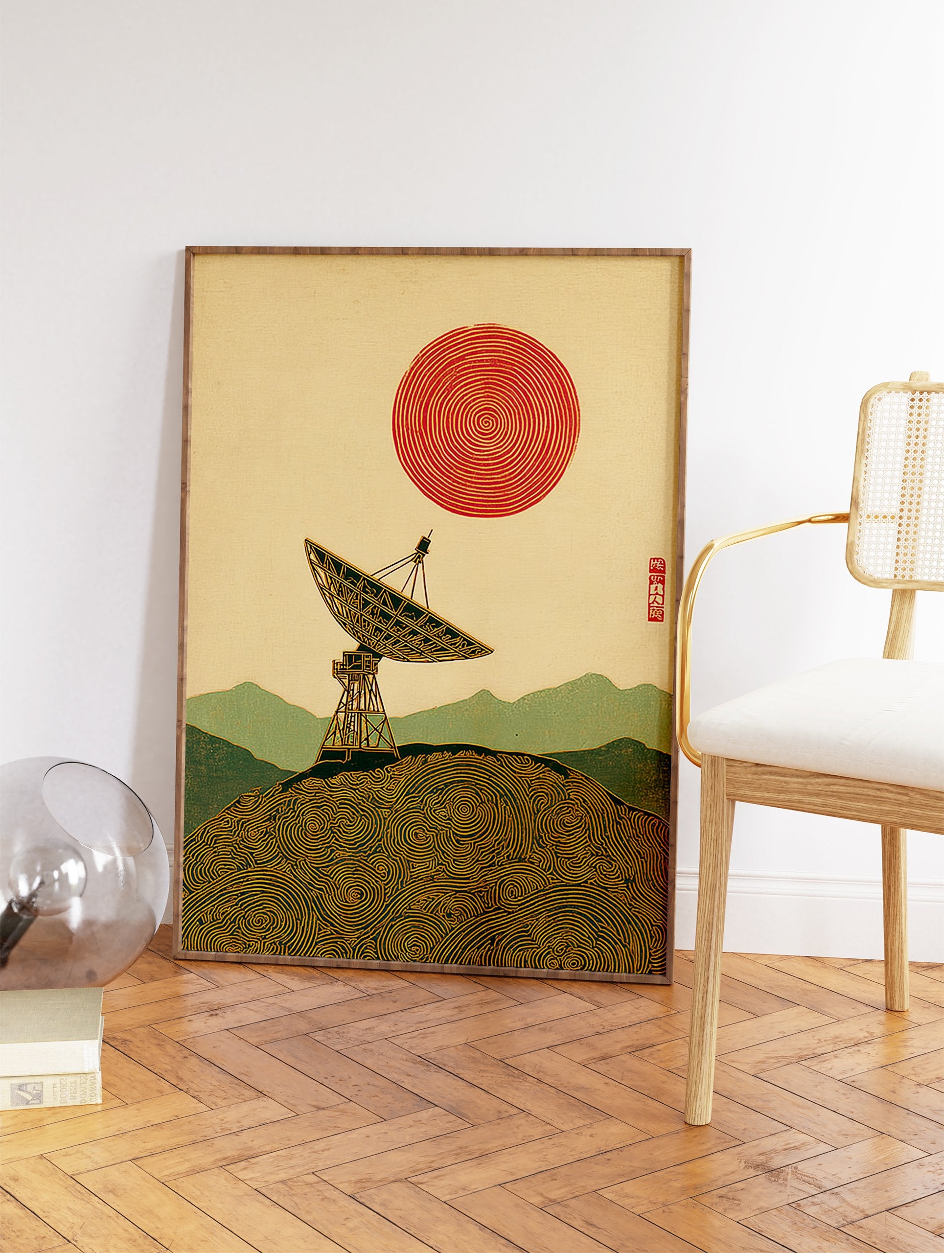 Japanese Wall Art print of a satellite dish on a hill with swirling patterns, mountains, and a red spiral sun in ukiyo-e style. - Image 2