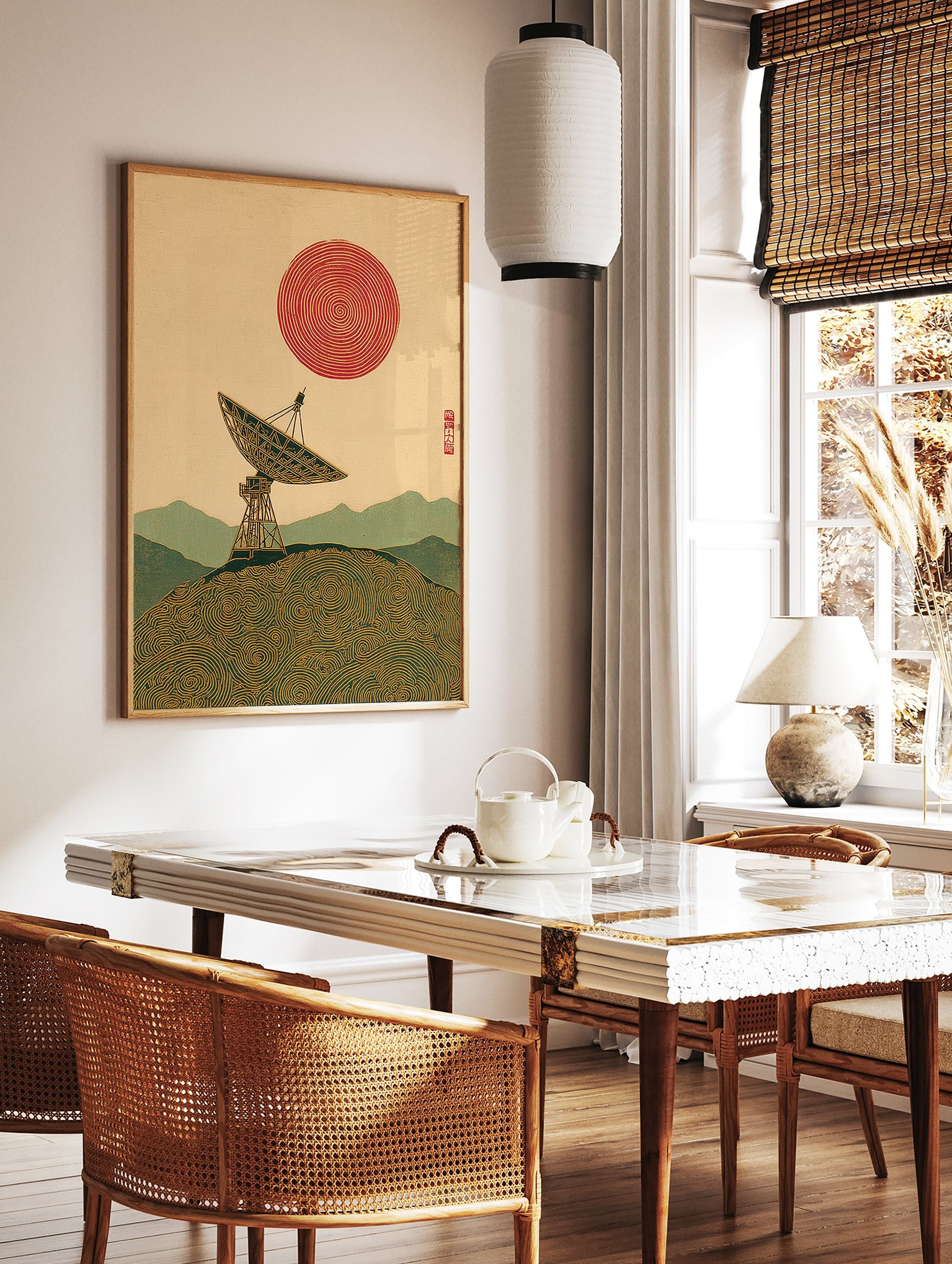 Japanese Wall Art print of a satellite dish on a hill with swirling patterns, mountains, and a red spiral sun in ukiyo-e style. - Image 3