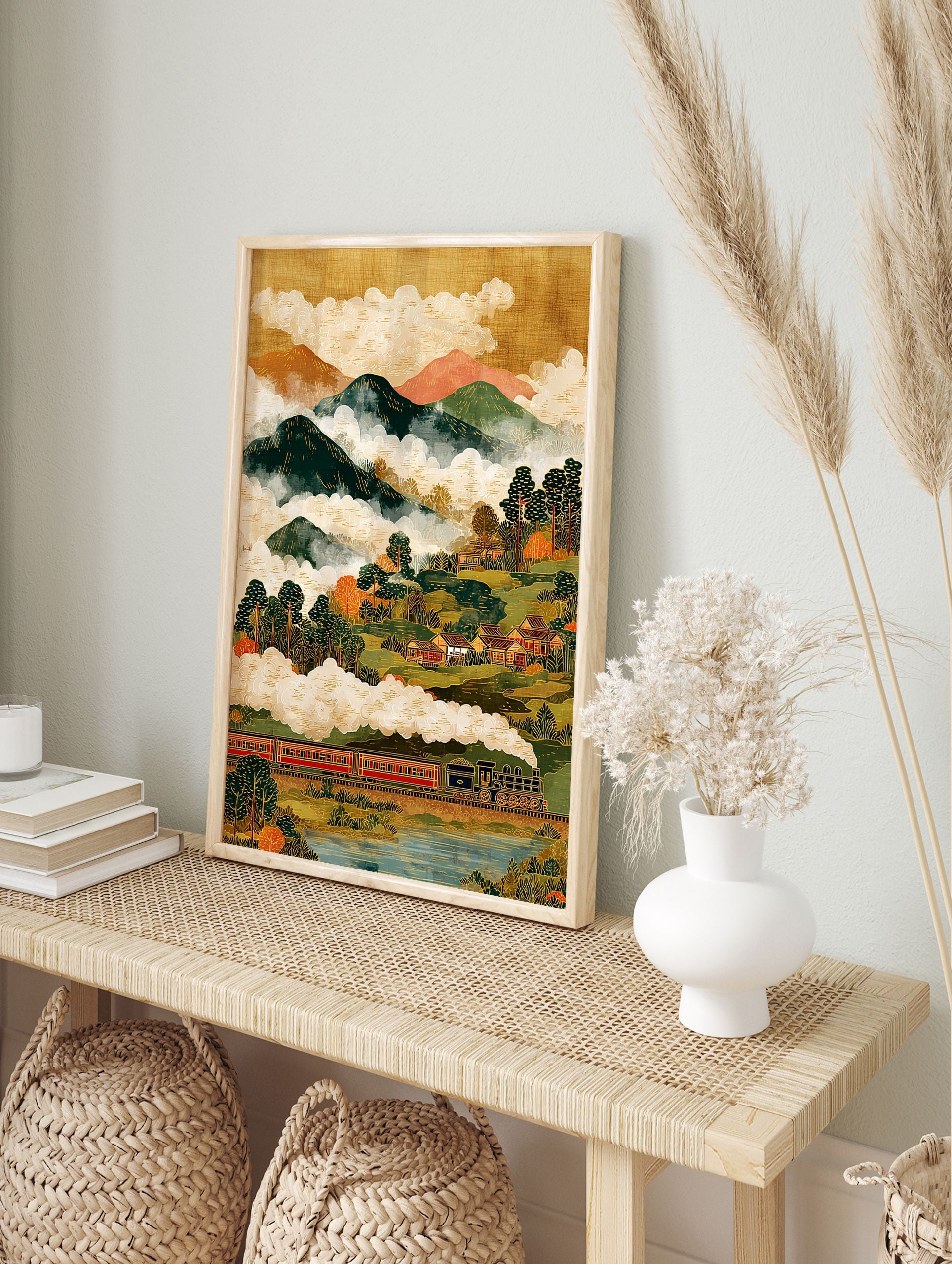 Japanese wall art print of a steam train in a mountainous landscape with a village, river, and clouds in traditional Asian style. - Image 3