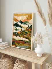 Japanese wall art print of a steam train in a mountainous landscape with a village, river, and clouds in traditional Asian style. - Image 3