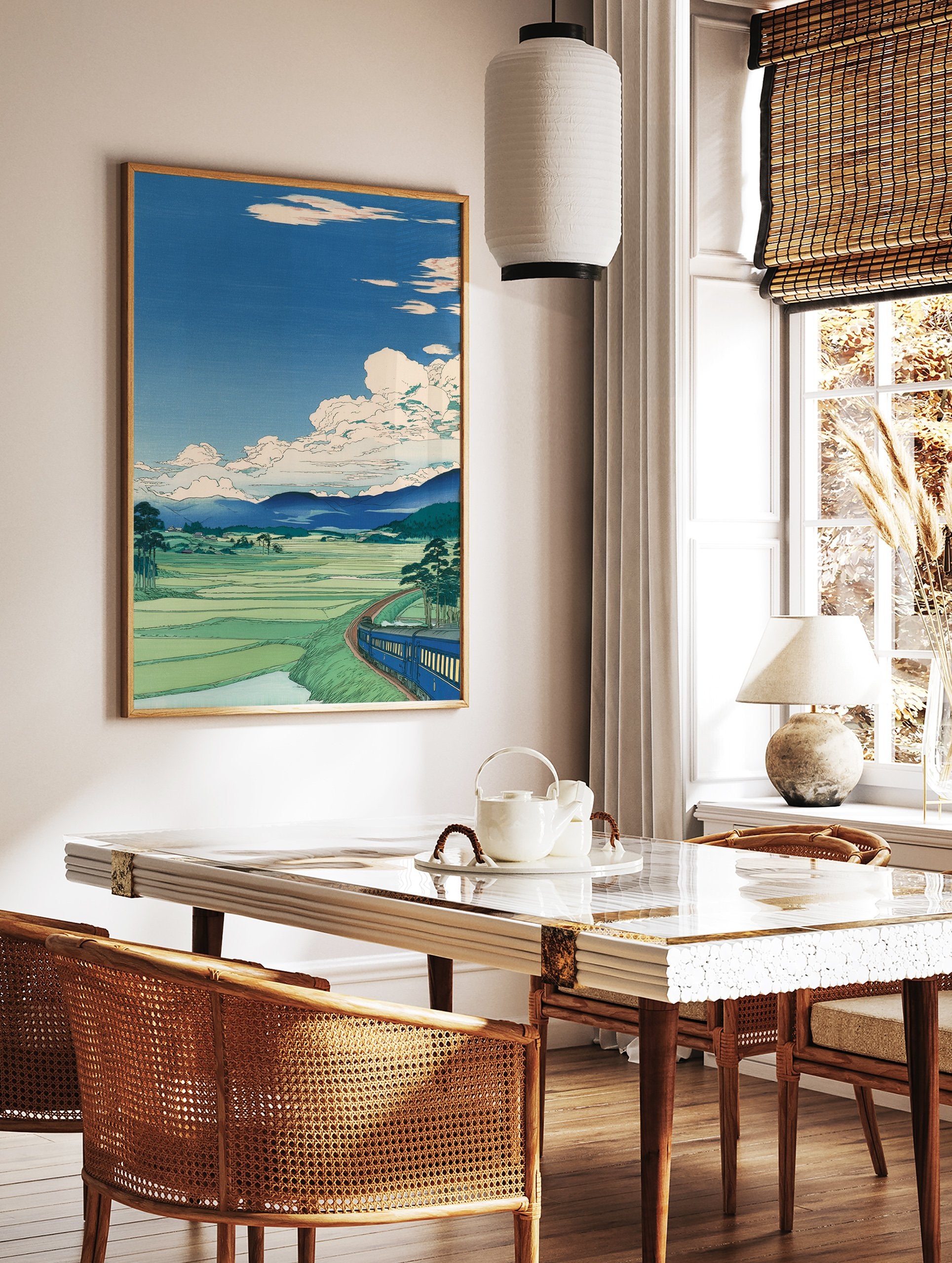 Japanese landscape wall art print with a blue train, green rice fields, mountains, and white clouds in a blue sky. - Image 2