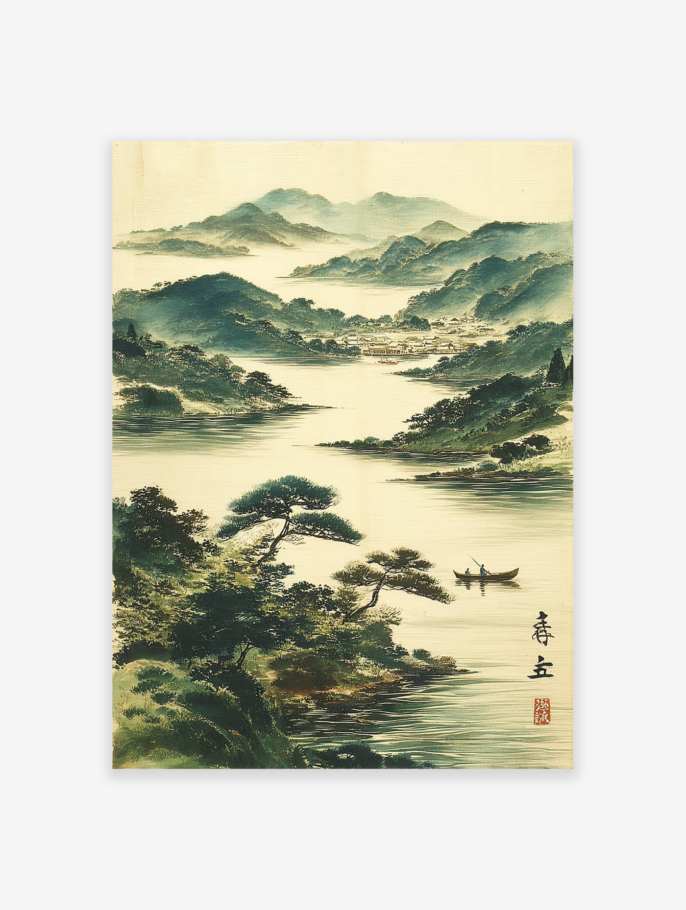 Traditional Japanese landscape painting with misty green mountains, a serene lake, pine trees, a boat, and a distant village.