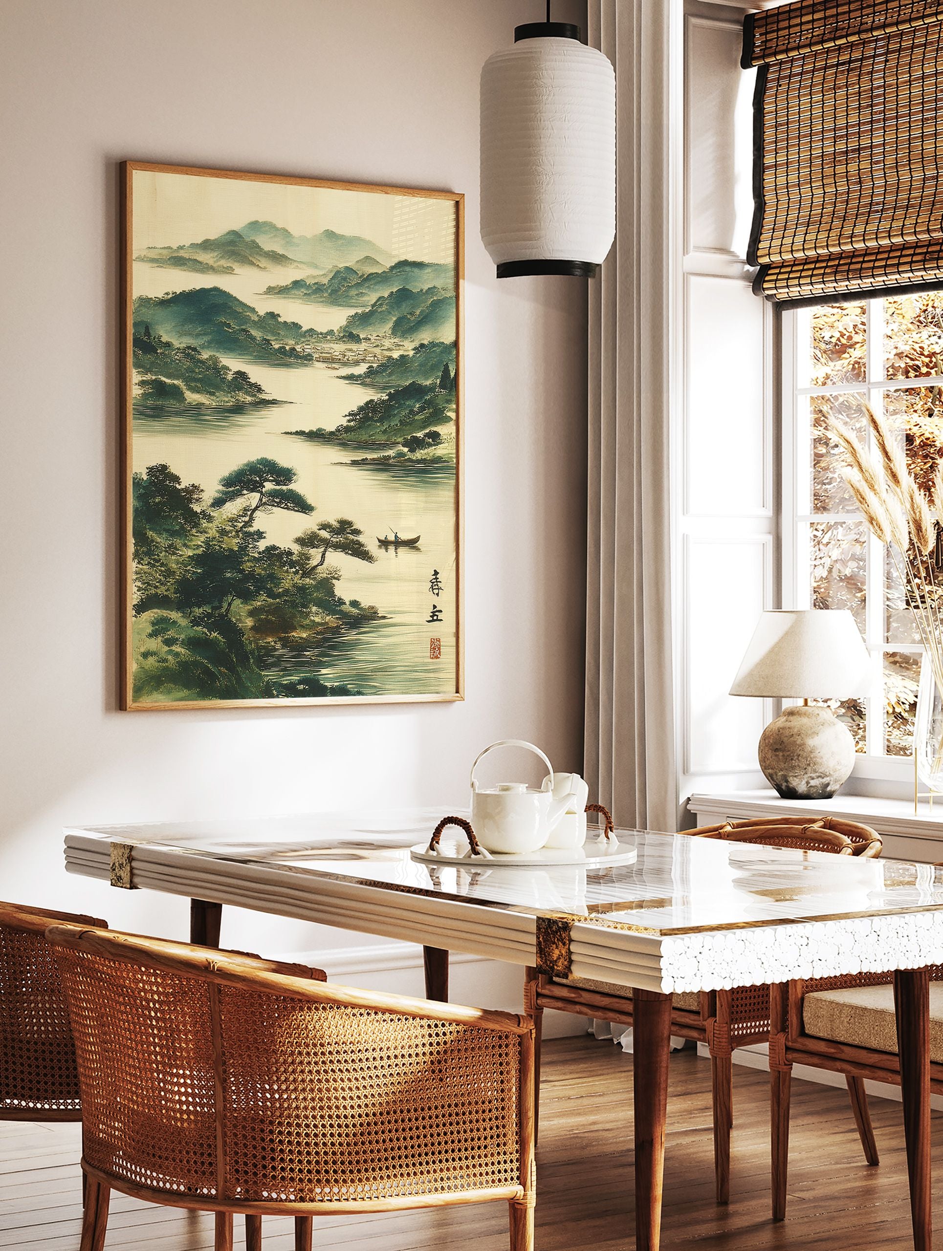 Traditional Japanese landscape painting with misty green mountains, a serene lake, pine trees, a boat, and a distant village. - Image 2
