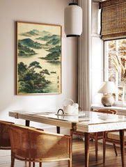 Traditional Japanese landscape painting with misty green mountains, a serene lake, pine trees, a boat, and a distant village. - Image 2