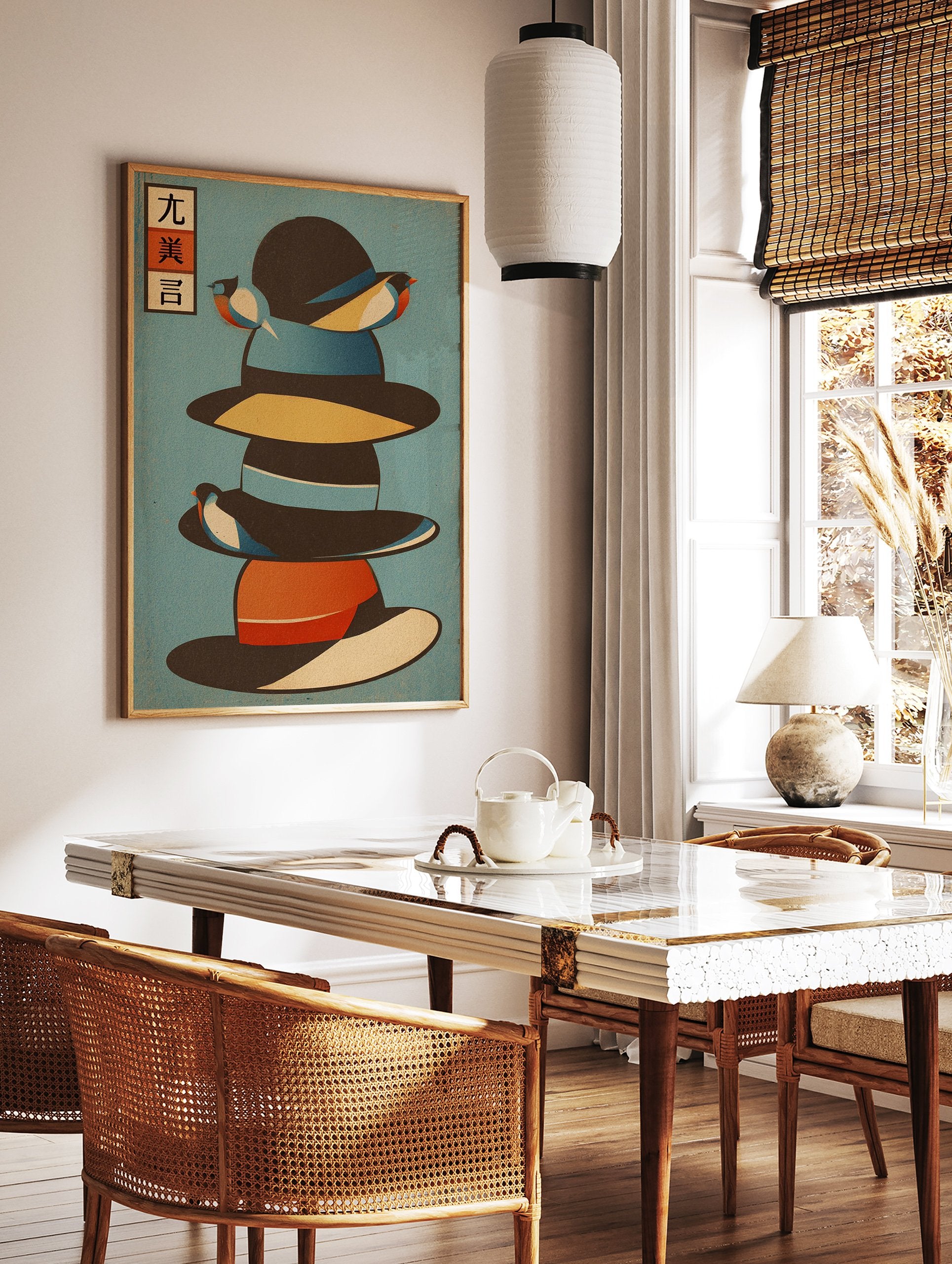 Japanese wall art print with a stack of colorful hats, abstract birds, and Japanese characters on a blue background. - Image 2