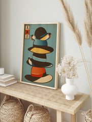 Japanese wall art print with a stack of colorful hats, abstract birds, and Japanese characters on a blue background. - Image 3