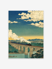 Japanese ukiyo-e style print of a blue steam train on a stone bridge over water and green fields, under a cloudy blue sky.
