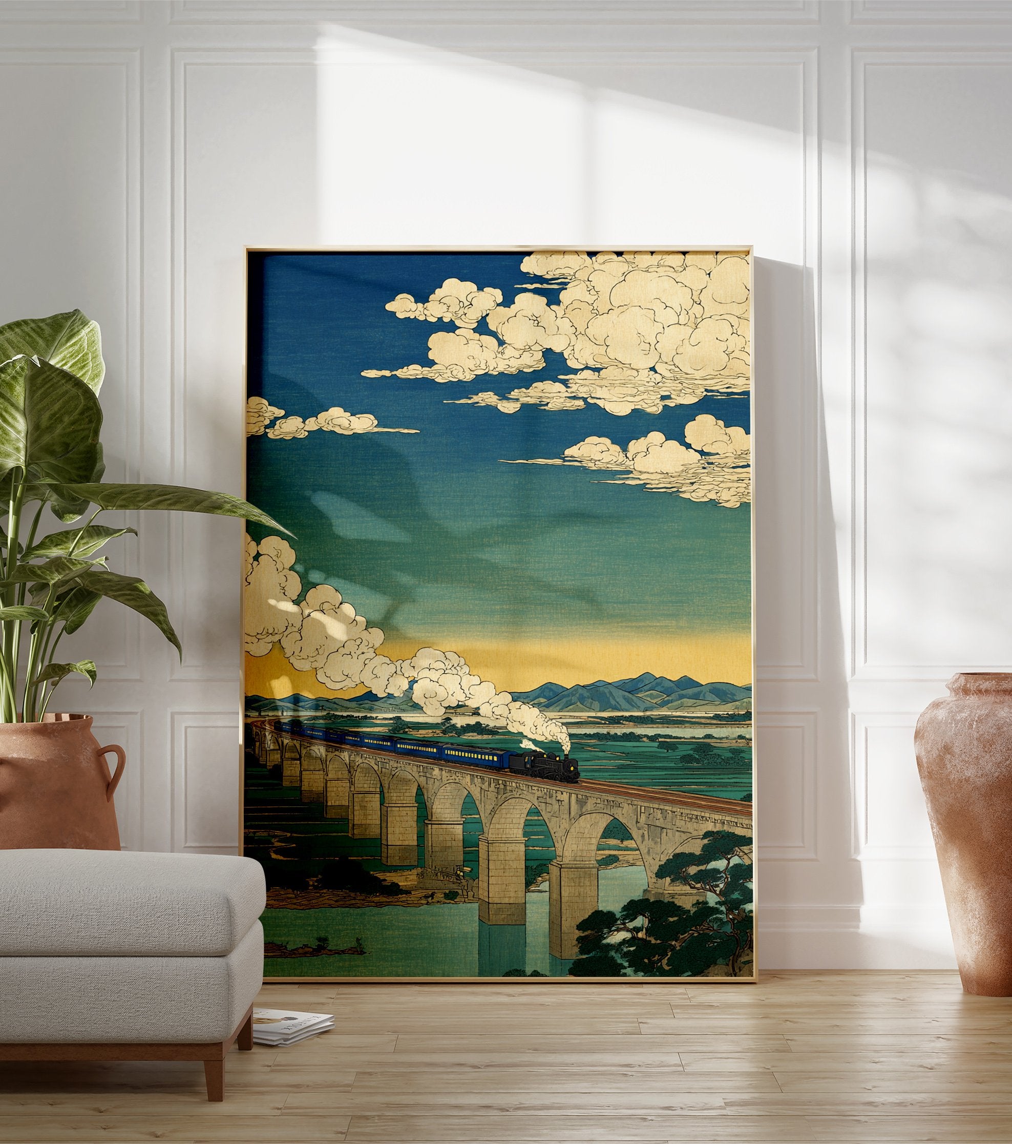 Japanese ukiyo-e style print of a blue steam train on a stone bridge over water and green fields, under a cloudy blue sky. - Image 3