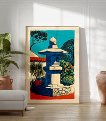 Japanese stone lantern in a garden with a pine tree and red tiled roof, depicted in a vibrant woodcut style art print. - Image 3