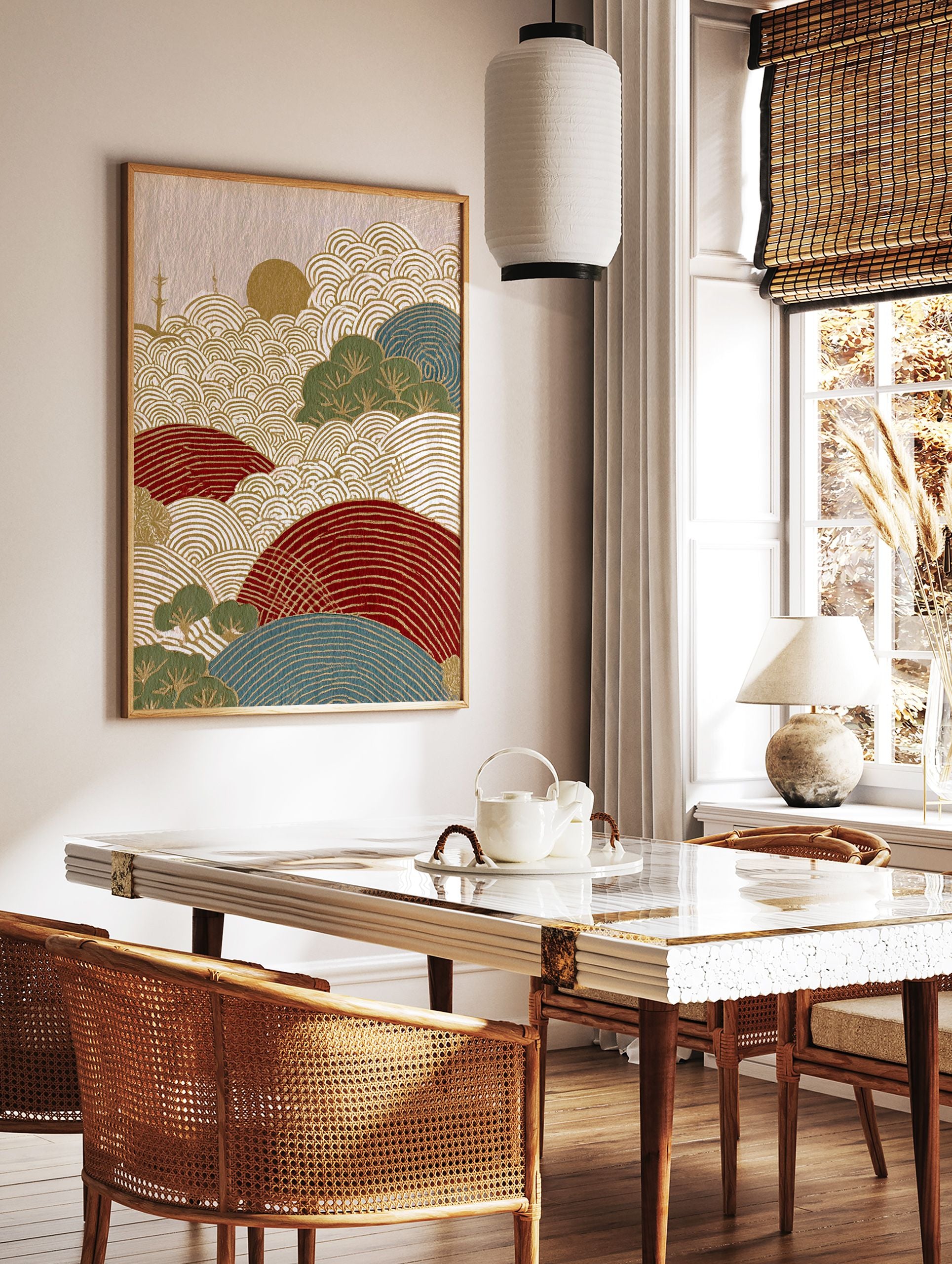 Stylized Japanese landscape wall art print with gold wave patterns, red and blue hills, green trees, and a golden sun. - Image 2