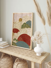 Stylized Japanese landscape wall art print with gold wave patterns, red and blue hills, green trees, and a golden sun. - Image 3