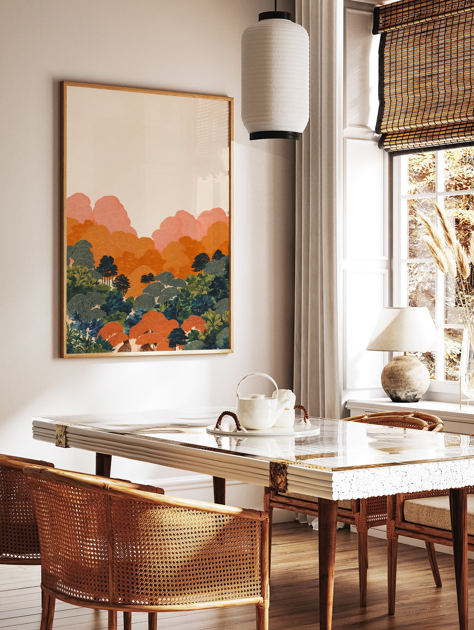 Stylized Japanese wall art print depicting orange mountains, green forest, and trees with intricate swirling patterns. - Image 2