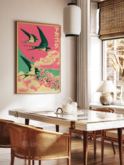 Japanese wall art poster depicting swallows flying over pink clouds and cherry blossoms with teal background. - Image 3
