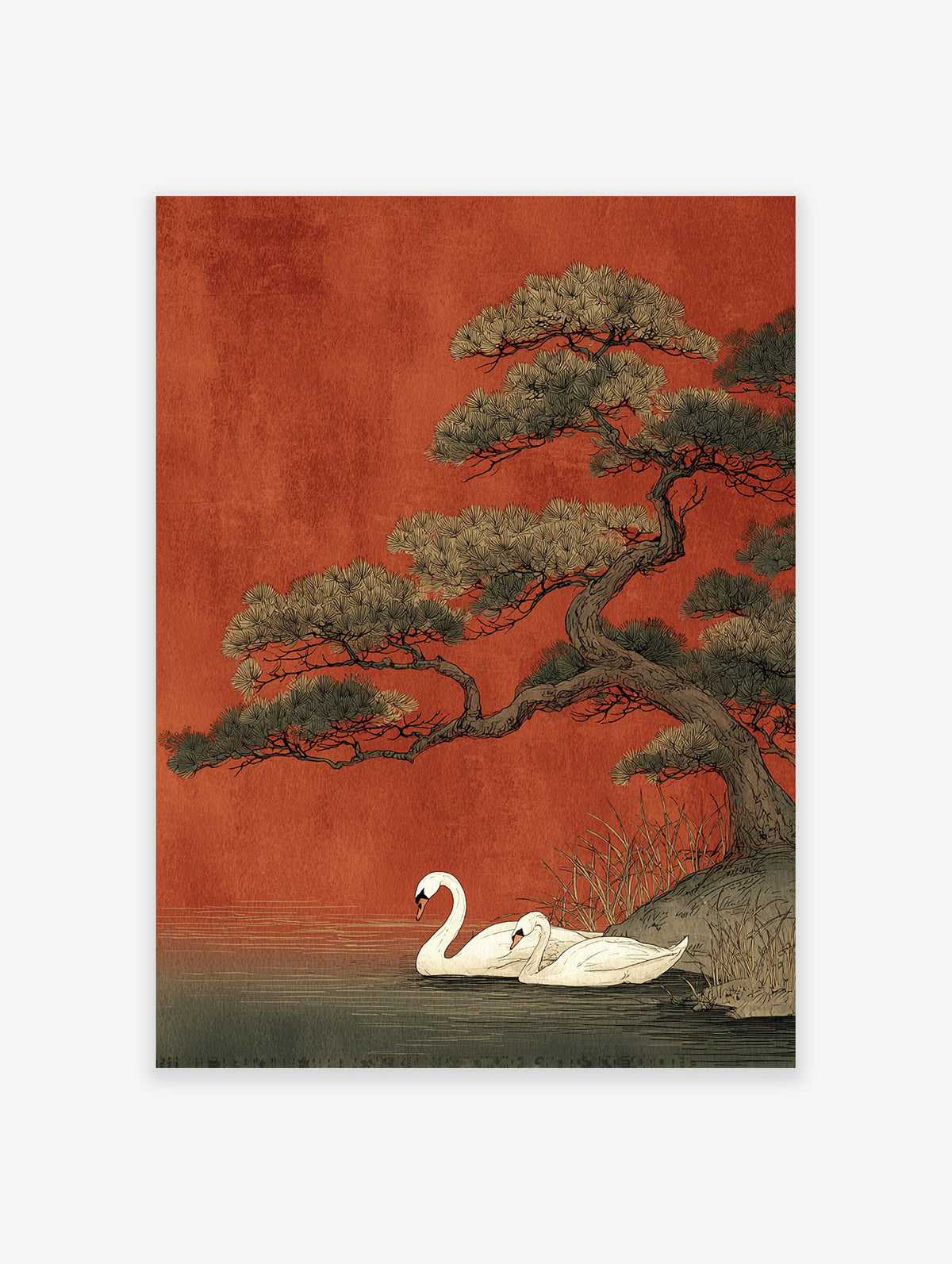 Japanese Wall Art print of two elegant white swans by a pine tree against a rich red background in Ukiyo-e style.