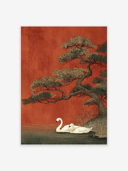 Japanese Wall Art print of two elegant white swans by a pine tree against a rich red background in Ukiyo-e style.