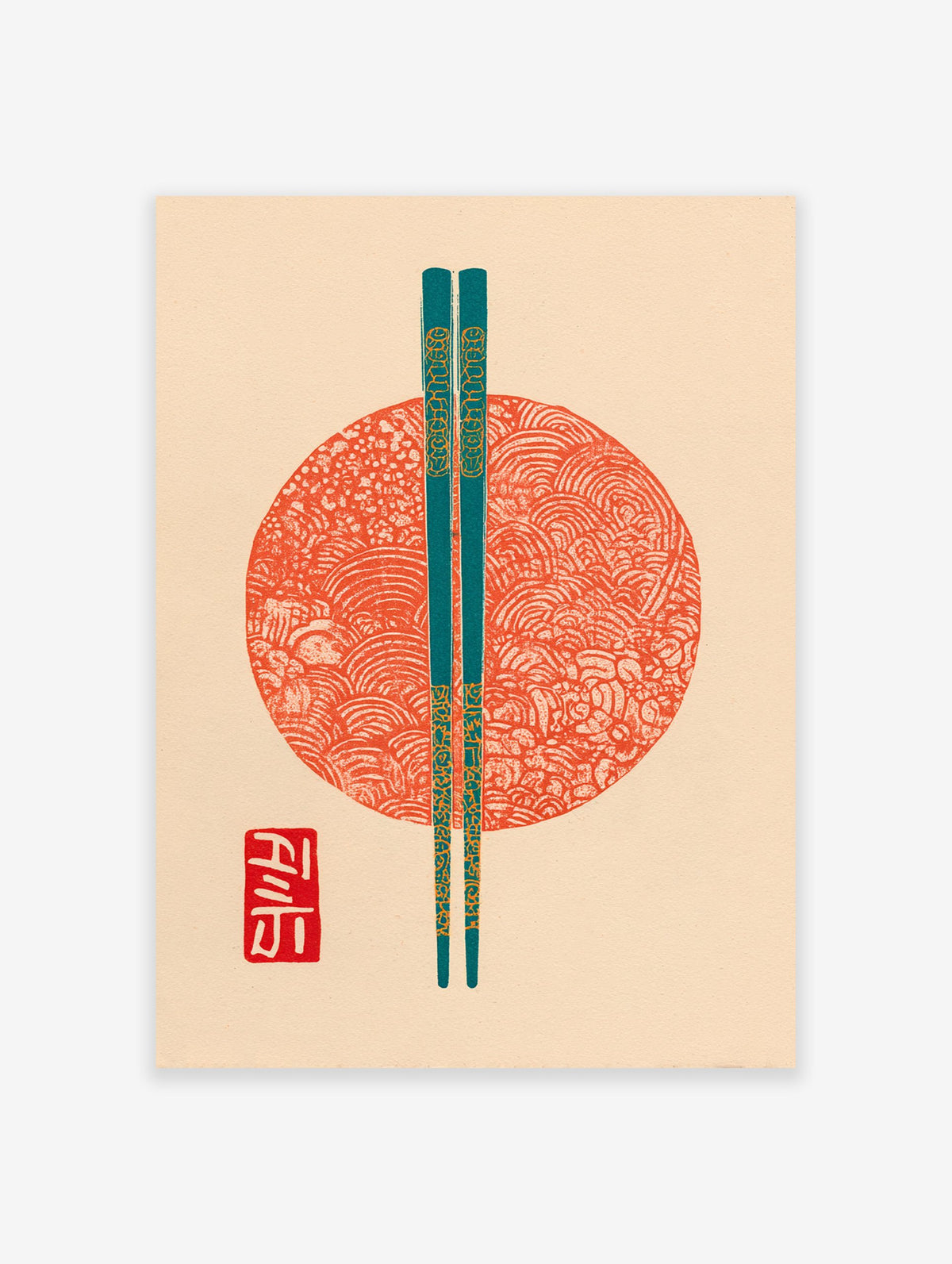 Japanese Wall Art print with teal chopsticks over a red patterned circle and a red cultural seal.