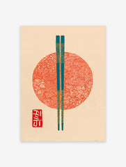 Japanese Wall Art print with teal chopsticks over a red patterned circle and a red cultural seal.
