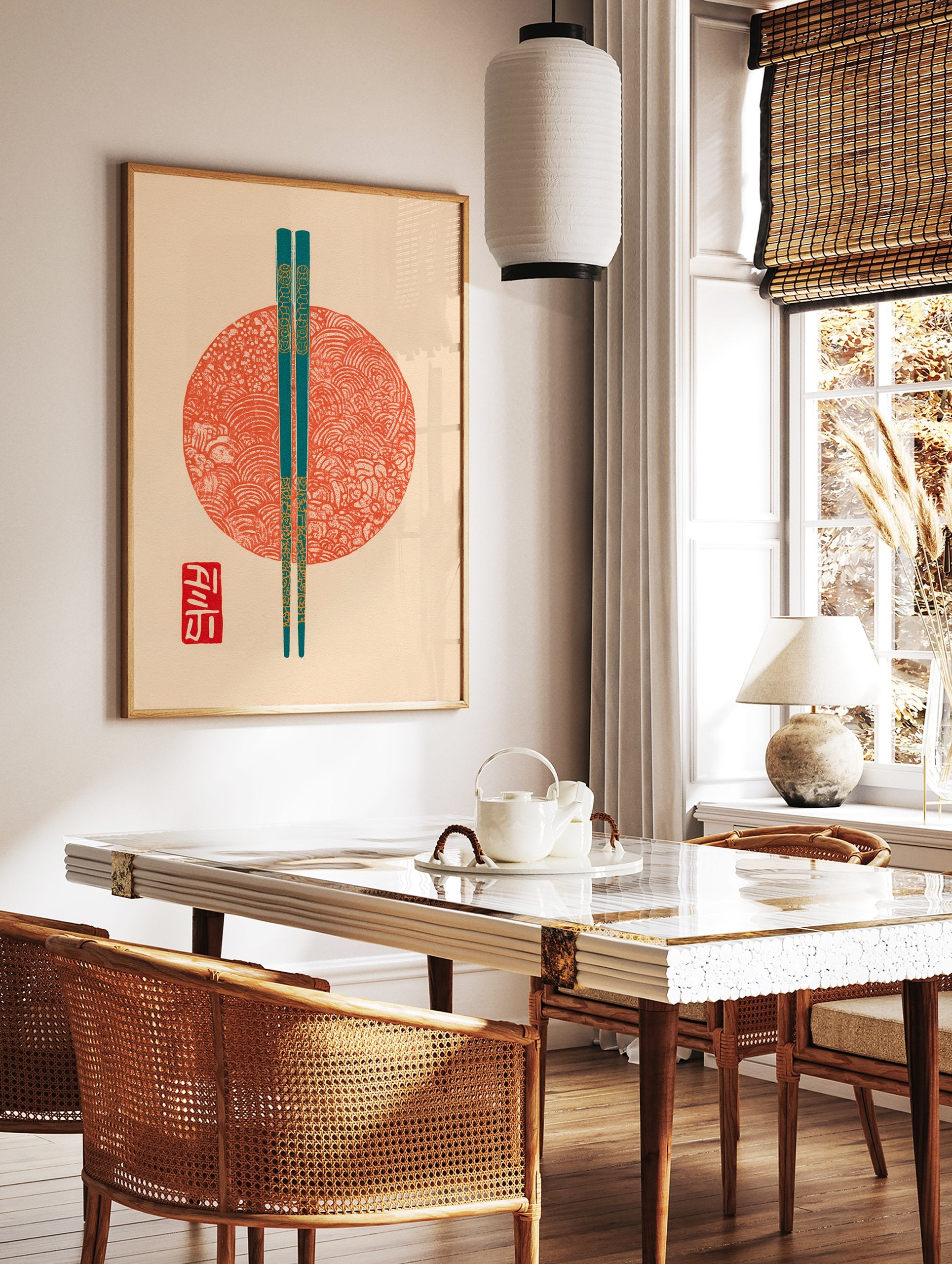 Japanese Wall Art print with teal chopsticks over a red patterned circle and a red cultural seal. - Image 2