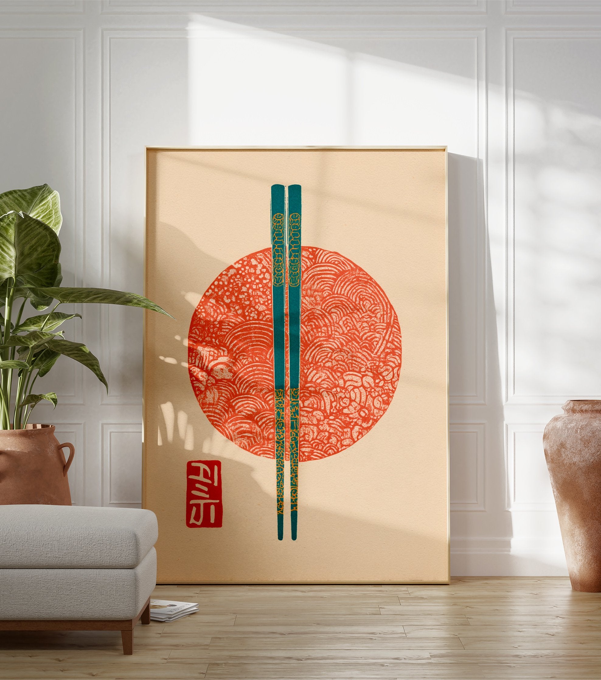 Japanese Wall Art print with teal chopsticks over a red patterned circle and a red cultural seal. - Image 3
