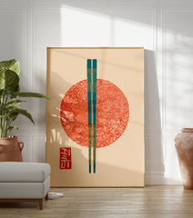 Japanese Wall Art print with teal chopsticks over a red patterned circle and a red cultural seal. - Image 3