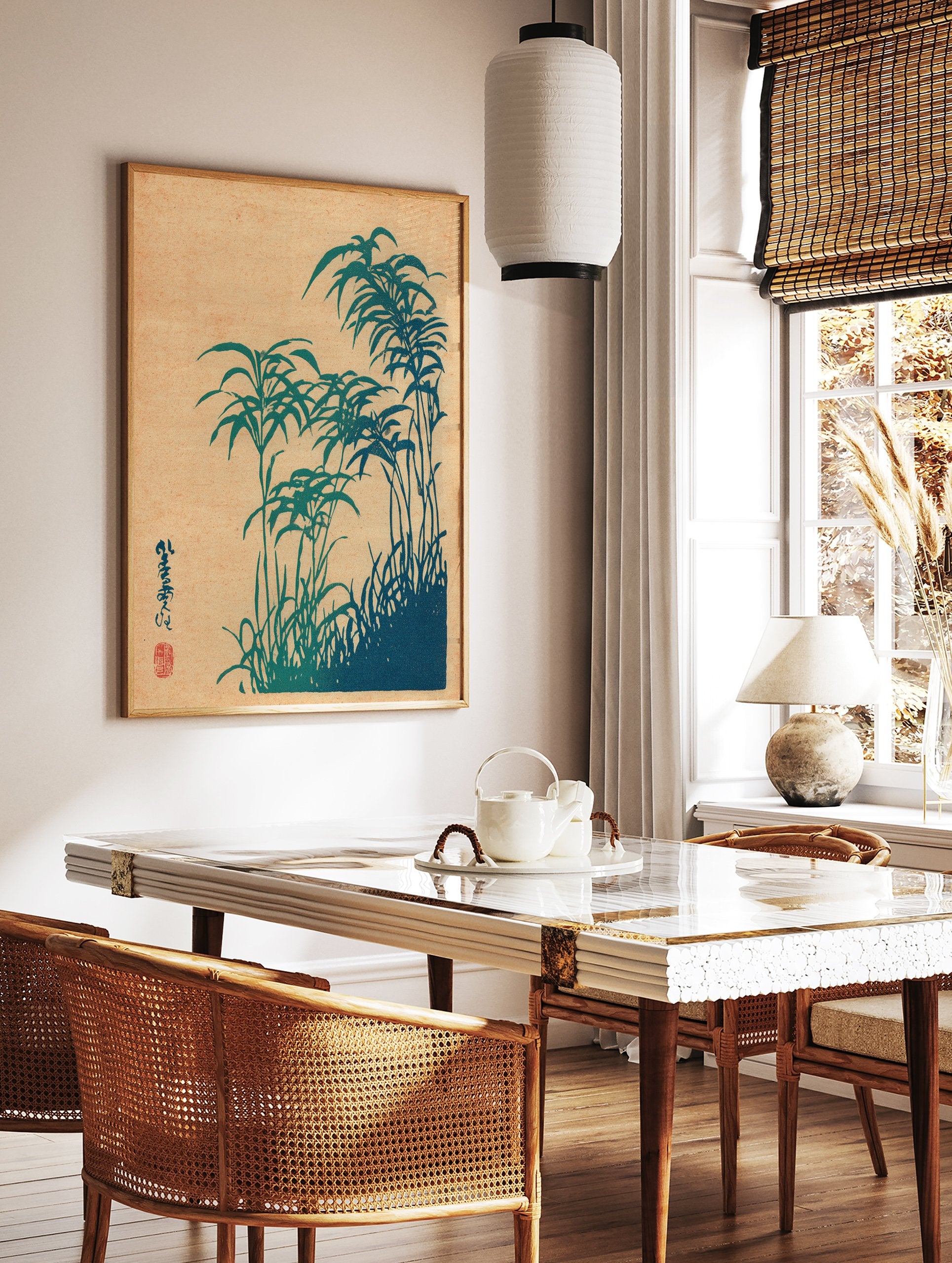 Japanese botanical wall art print featuring tall blue-green bamboo or grasses on a textured brown background with calligraphy. - Image 2