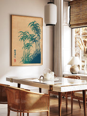 Japanese botanical wall art print featuring tall blue-green bamboo or grasses on a textured brown background with calligraphy. - Image 2