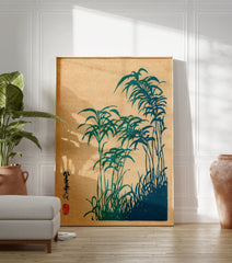 Japanese botanical wall art print featuring tall blue-green bamboo or grasses on a textured brown background with calligraphy. - Image 3