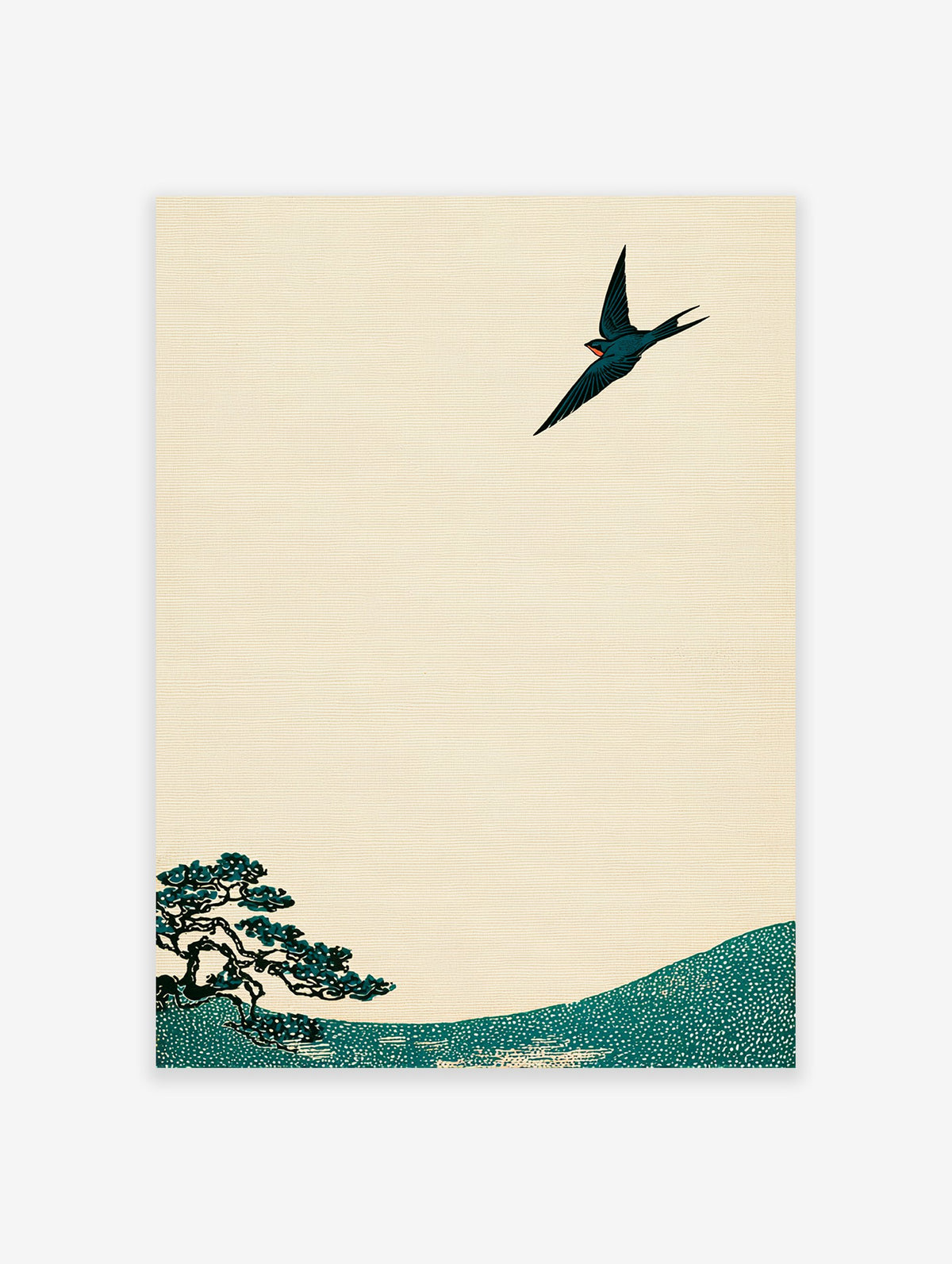 Japanese swallow and pine tree art print in traditional style with teal and cream colors on textured paper.