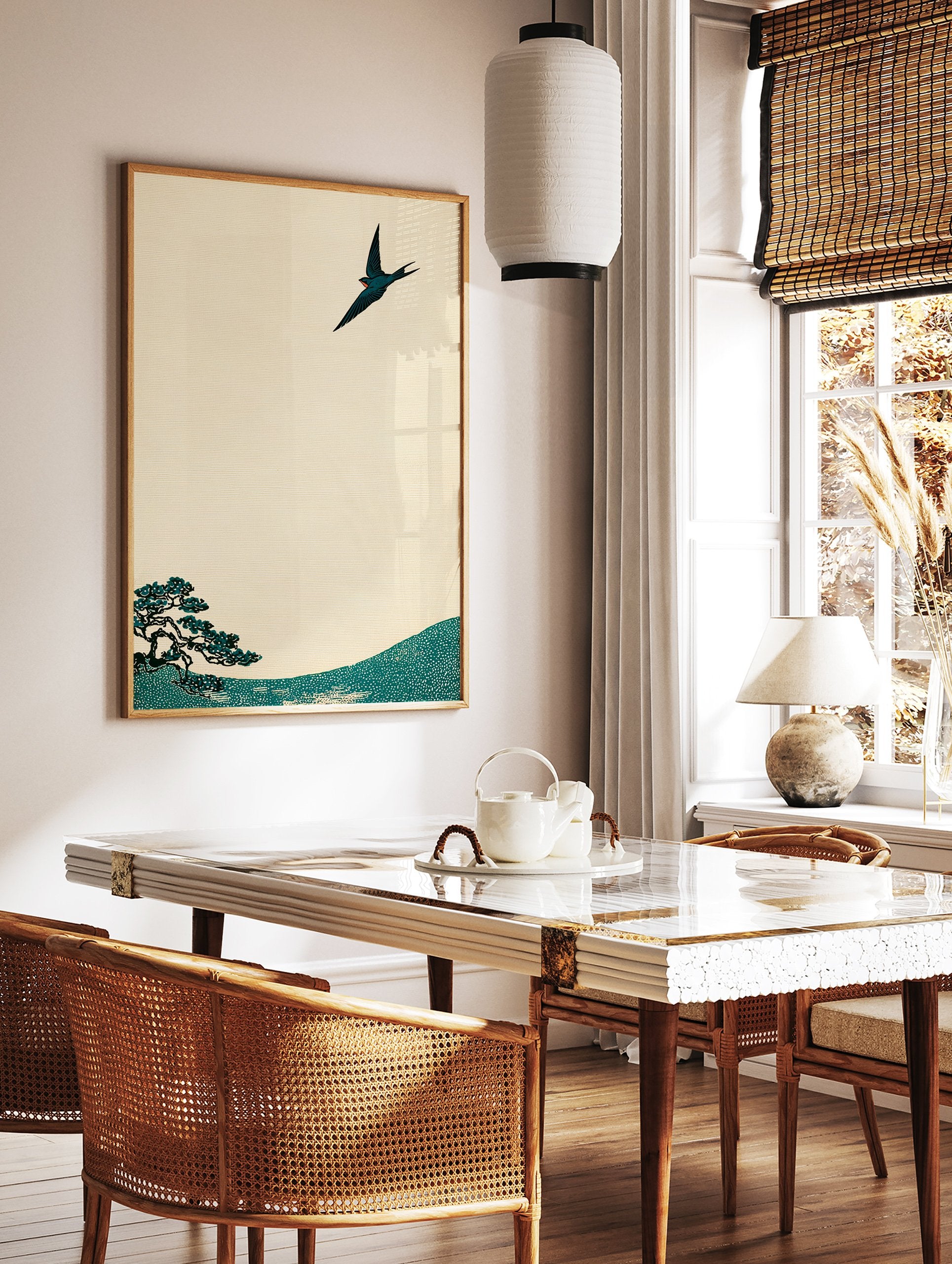 Japanese swallow and pine tree art print in traditional style with teal and cream colors on textured paper. - Image 2
