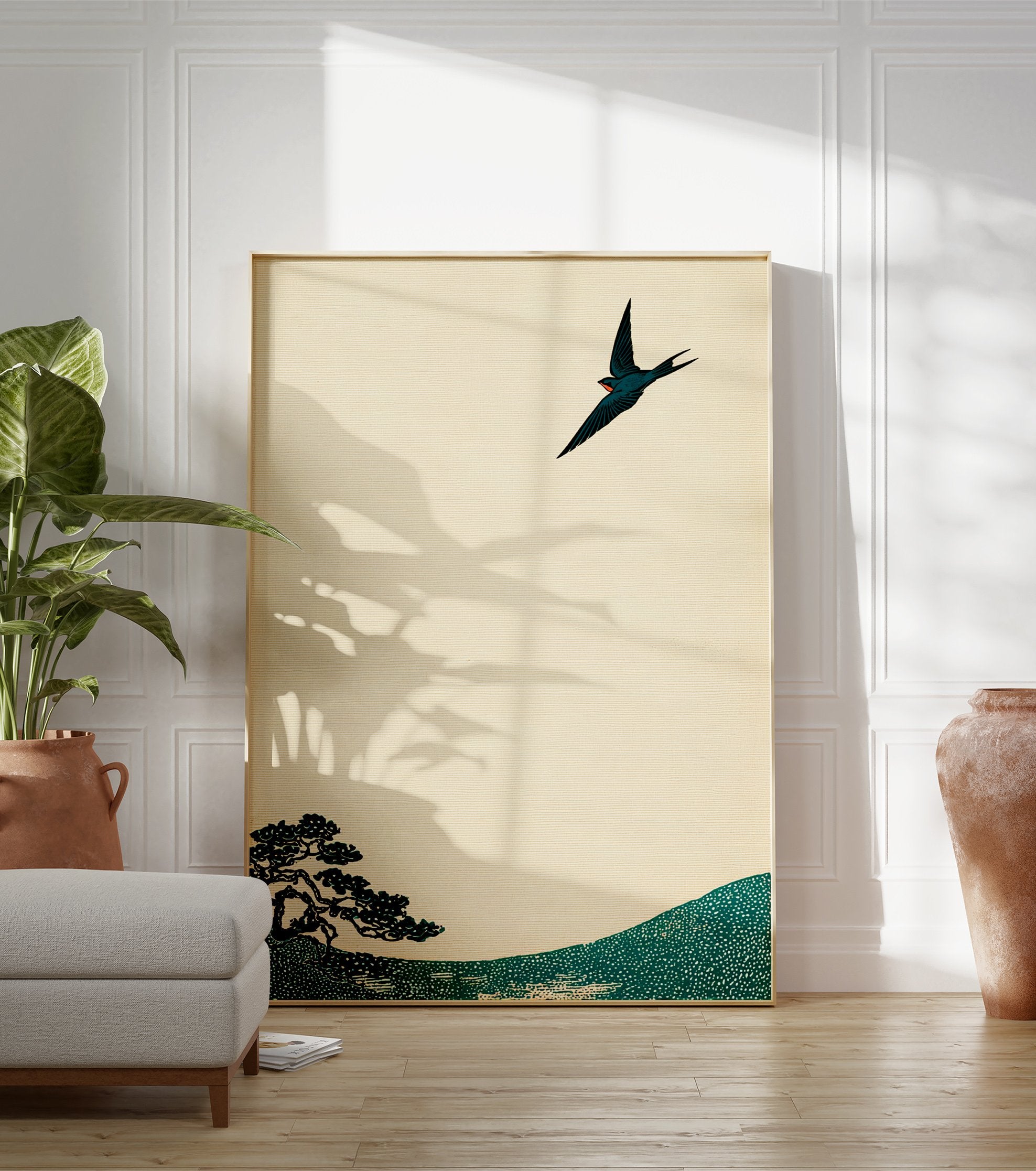 Japanese swallow and pine tree art print in traditional style with teal and cream colors on textured paper. - Image 3