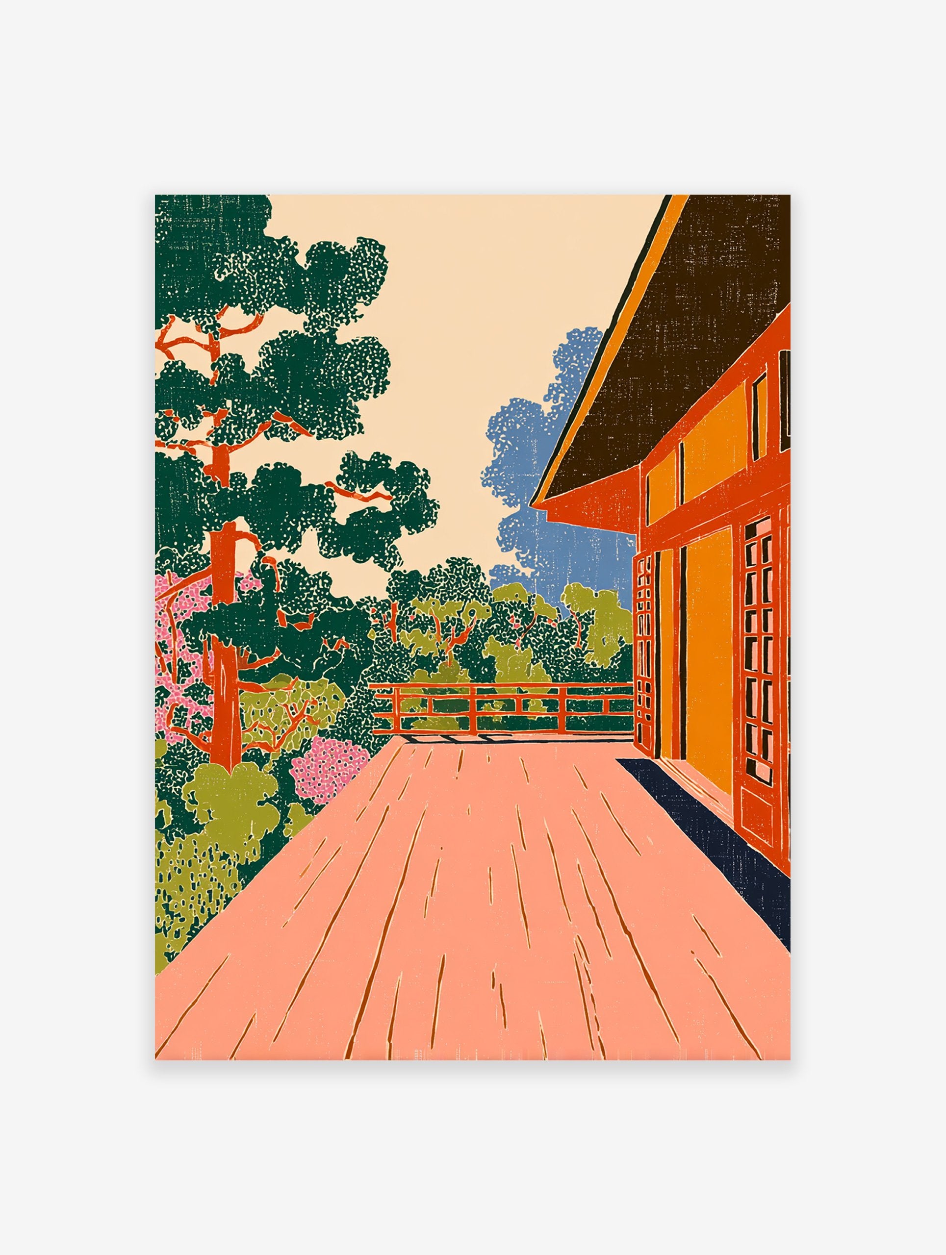 Japanese wall art print of a vibrant terrace overlooking a lush garden with trees and pink flowers, in a woodcut style.