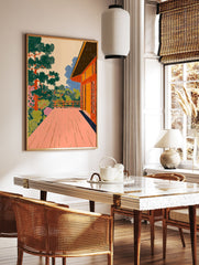 Japanese wall art print of a vibrant terrace overlooking a lush garden with trees and pink flowers, in a woodcut style. - Image 2
