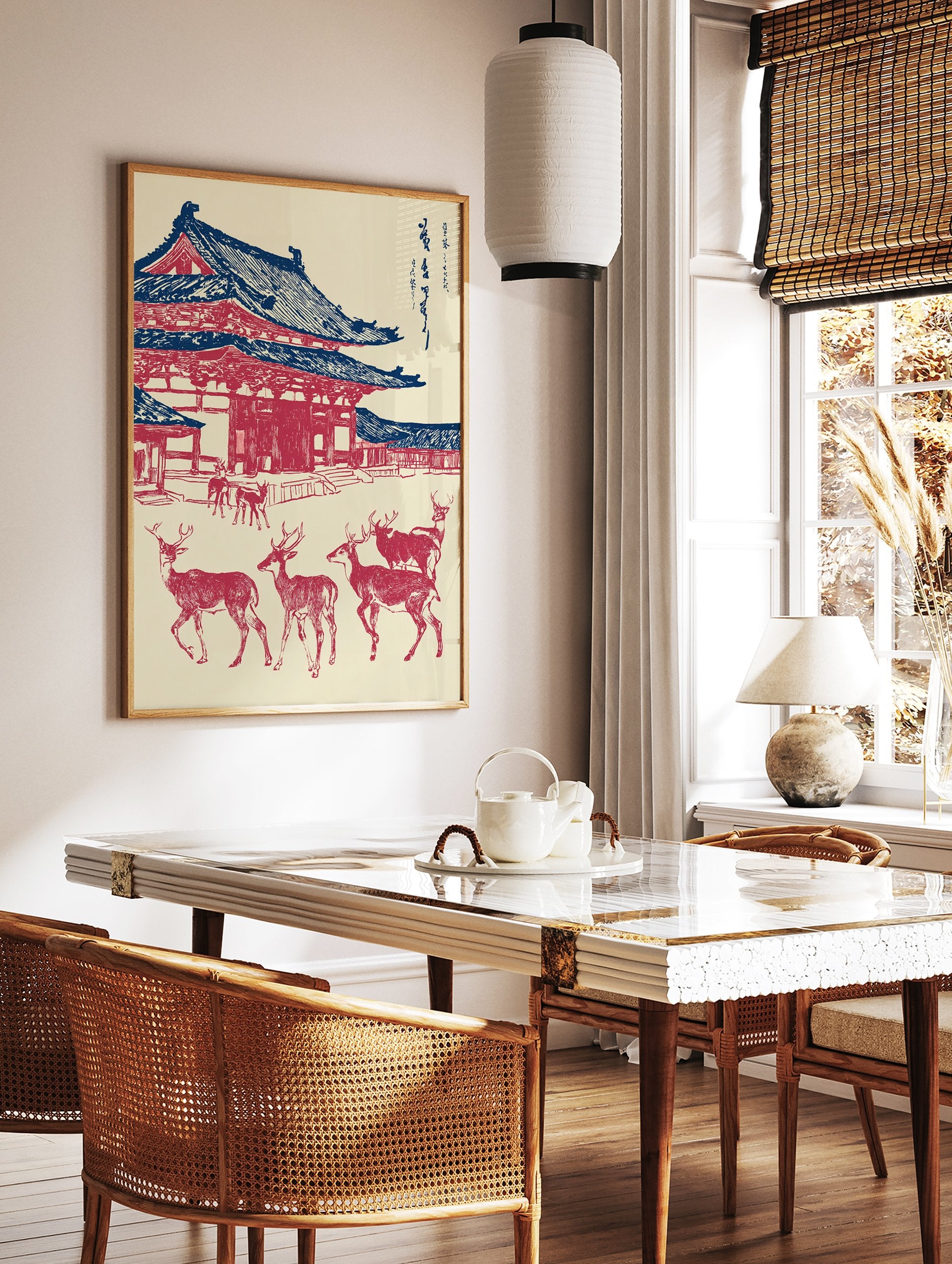 Japanese Wall Art print of Todai-ji Temple in red and blue, with several deer in the foreground on a cream background. - Image 2