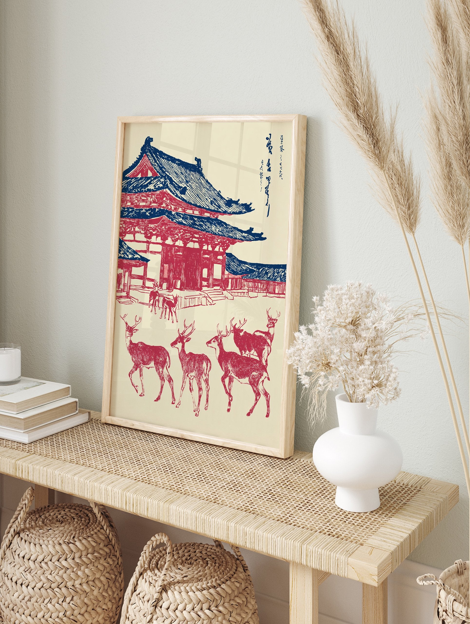 Japanese Wall Art print of Todai-ji Temple in red and blue, with several deer in the foreground on a cream background. - Image 3