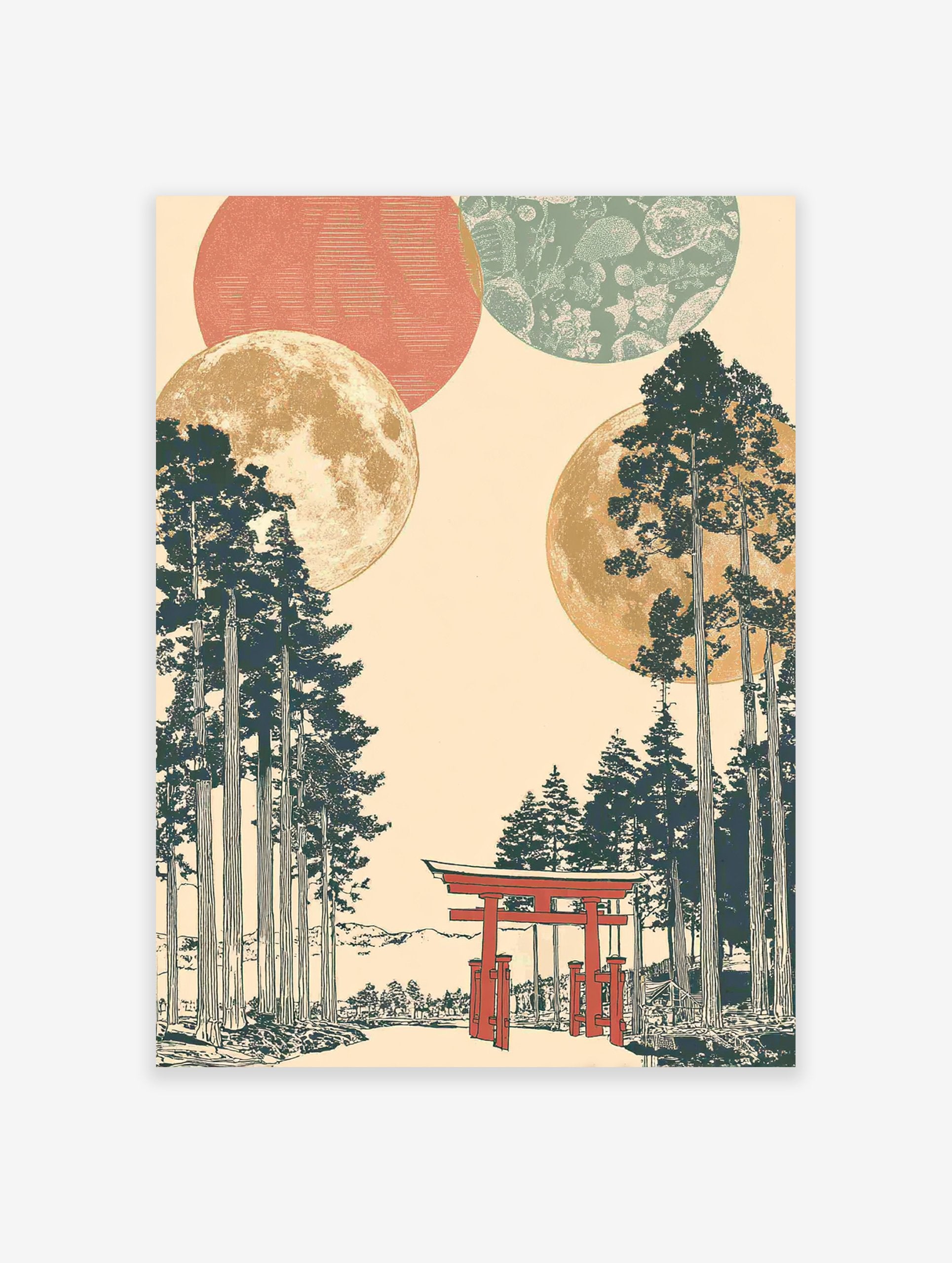 Japanese Wall Art print with a red torii gate, dark green pine trees, and multiple golden and patterned moons on a cream background.