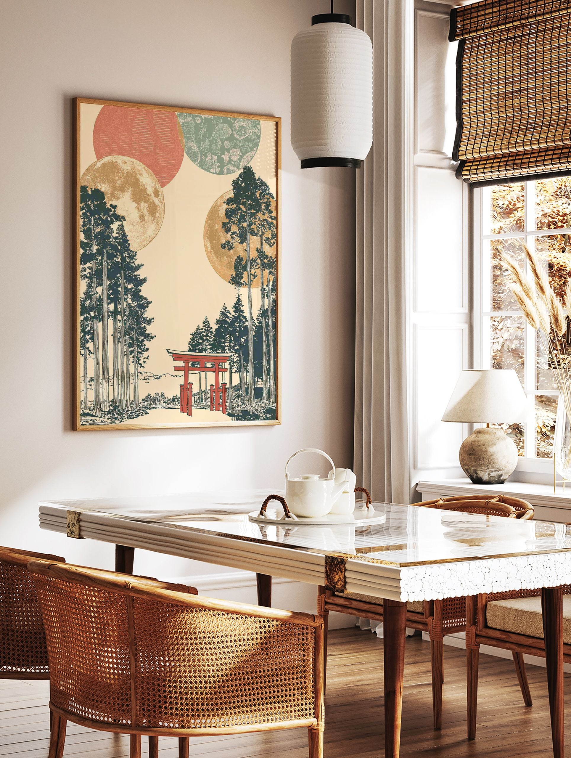 Japanese Wall Art print with a red torii gate, dark green pine trees, and multiple golden and patterned moons on a cream background. - Image 2