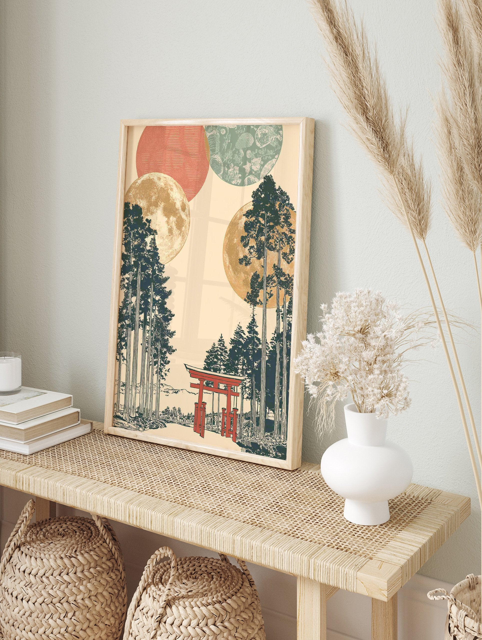 Japanese Wall Art print with a red torii gate, dark green pine trees, and multiple golden and patterned moons on a cream background. - Image 3