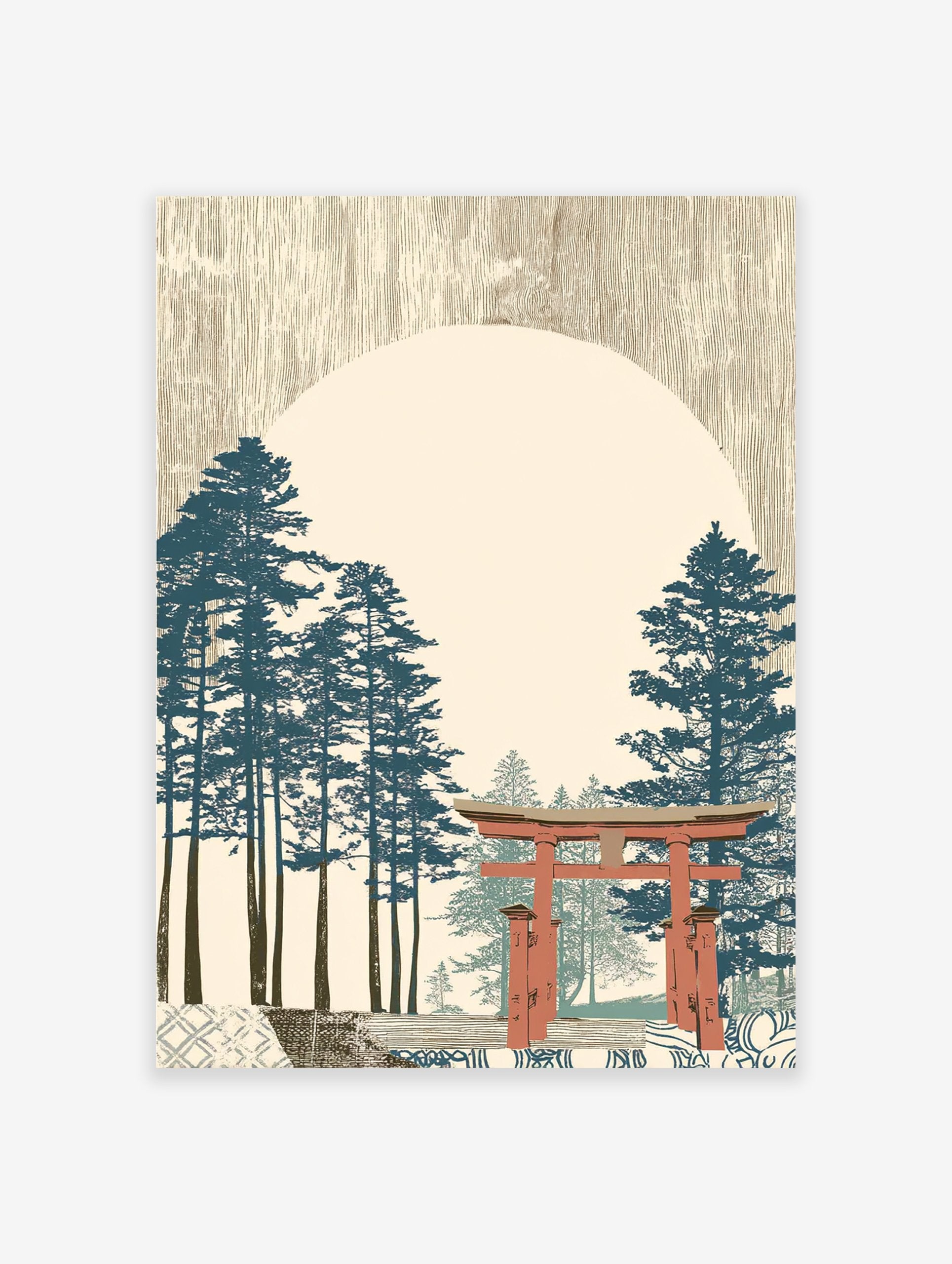 Japanese Wall Art print with a red Torii gate, tall blue pine trees, and a large light circle in a textured beige sky.