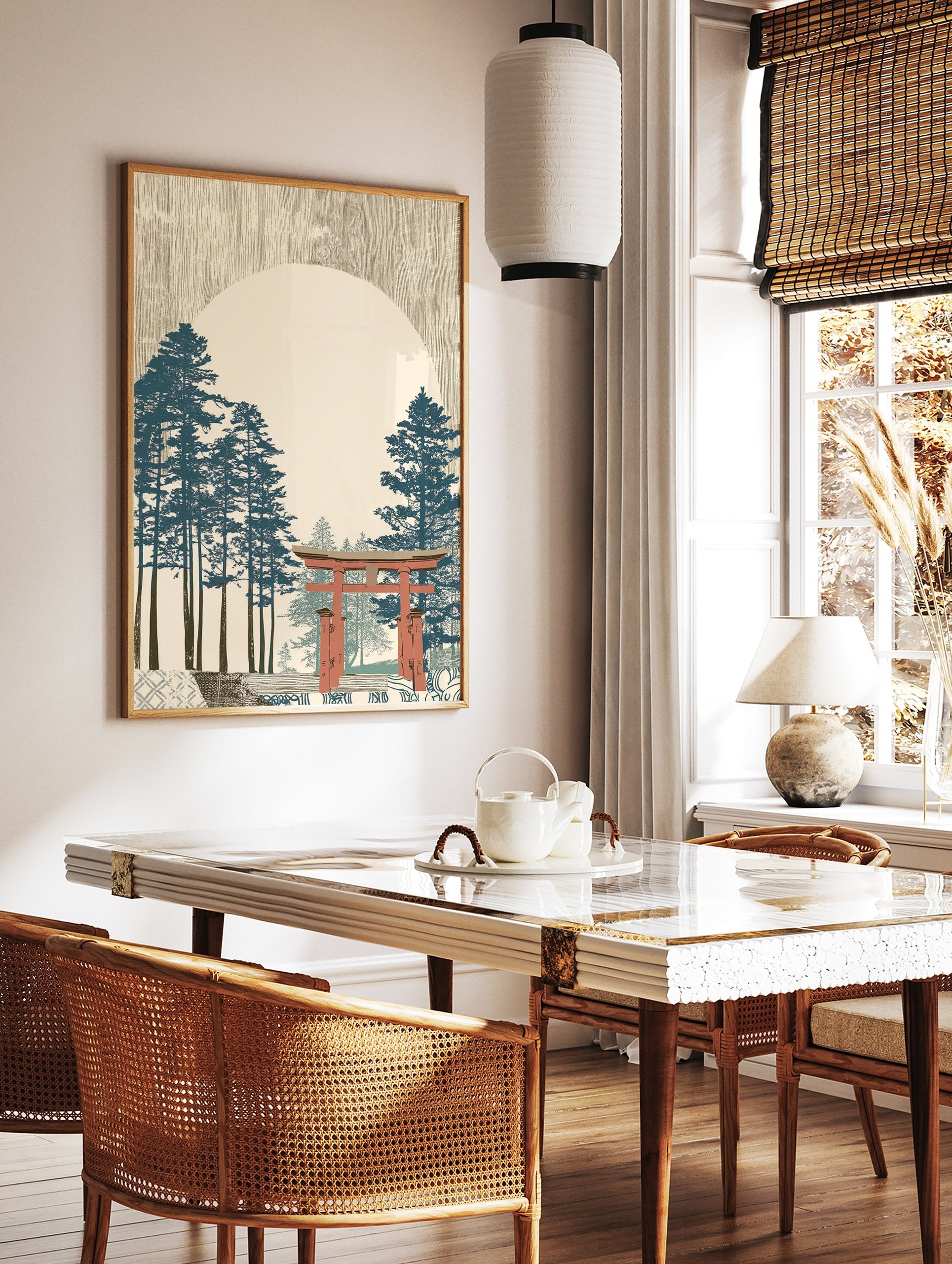 Japanese Wall Art print with a red Torii gate, tall blue pine trees, and a large light circle in a textured beige sky. - Image 2