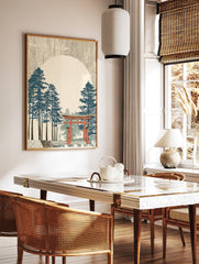 Japanese Wall Art print with a red Torii gate, tall blue pine trees, and a large light circle in a textured beige sky. - Image 2