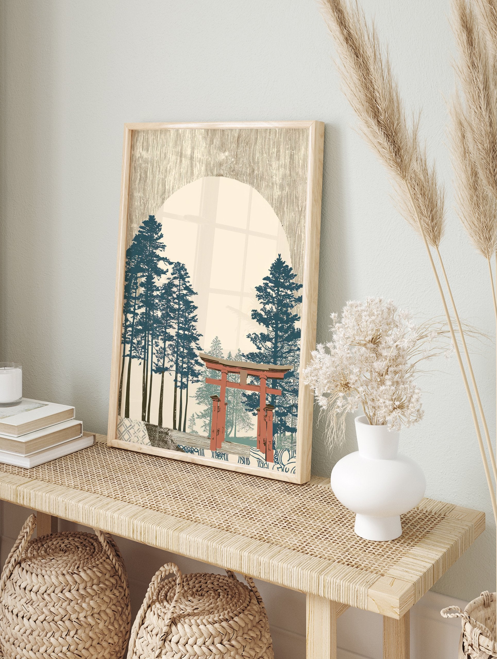 Japanese Wall Art print with a red Torii gate, tall blue pine trees, and a large light circle in a textured beige sky. - Image 3