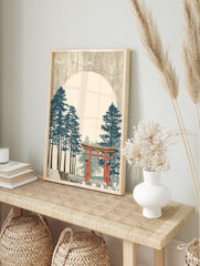 Japanese Wall Art print with a red Torii gate, tall blue pine trees, and a large light circle in a textured beige sky. - Image 3