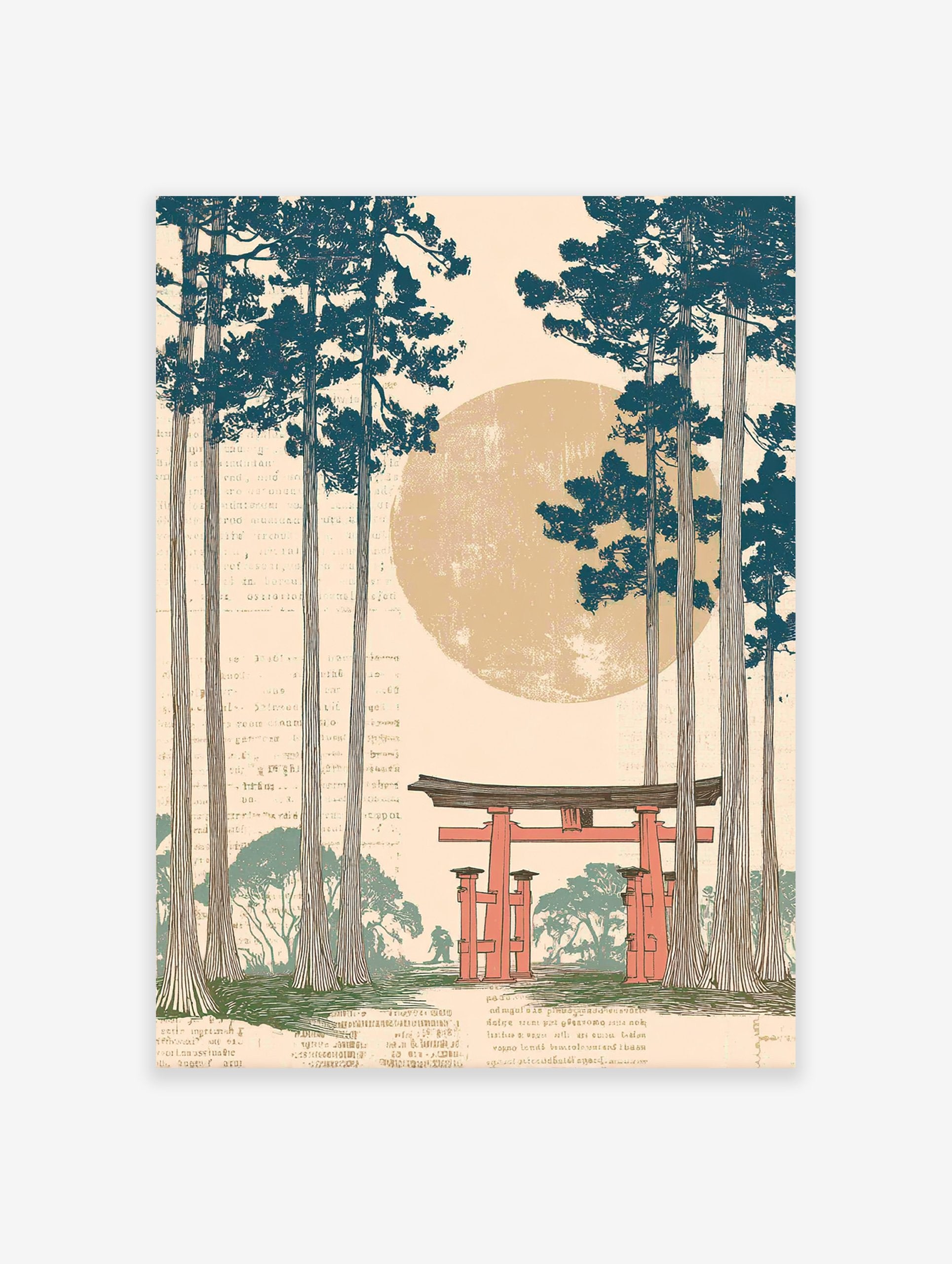 Japanese Wall Art print featuring a red torii gate, tall pine trees, and a large sun in an illustrative, Ukiyo-e style.